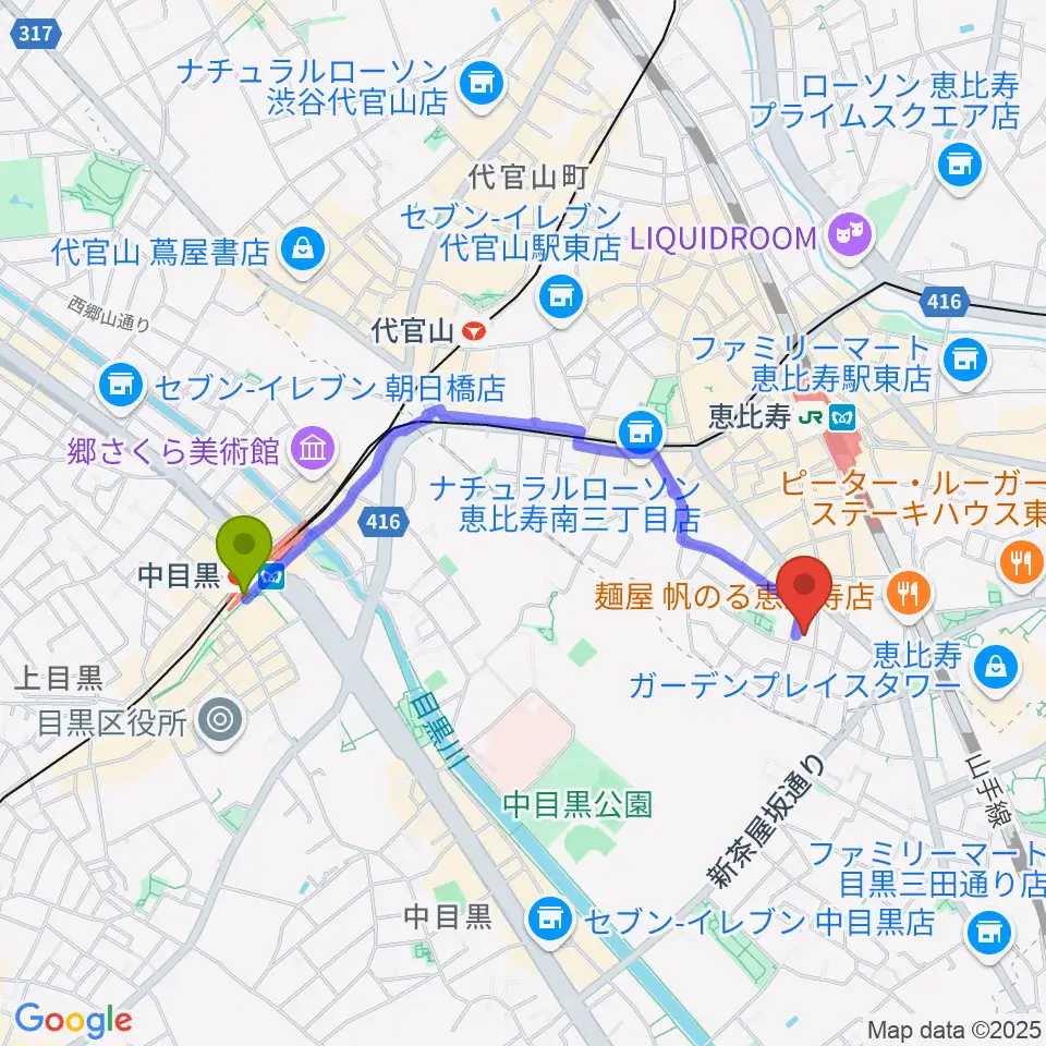 中目黒駅からABSレコーディングスタジオへのルートマップ地図