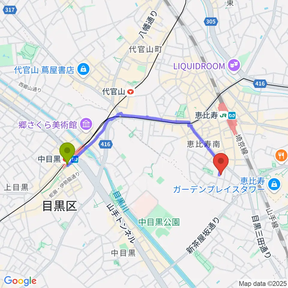 中目黒駅からバーディハウス ABSスタジオへのルートマップ地図