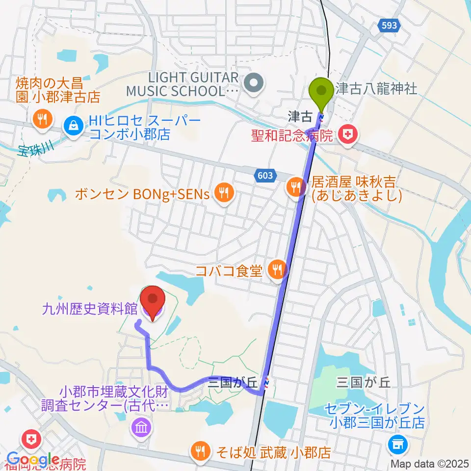 津古駅から九州歴史資料館へのルートマップ地図