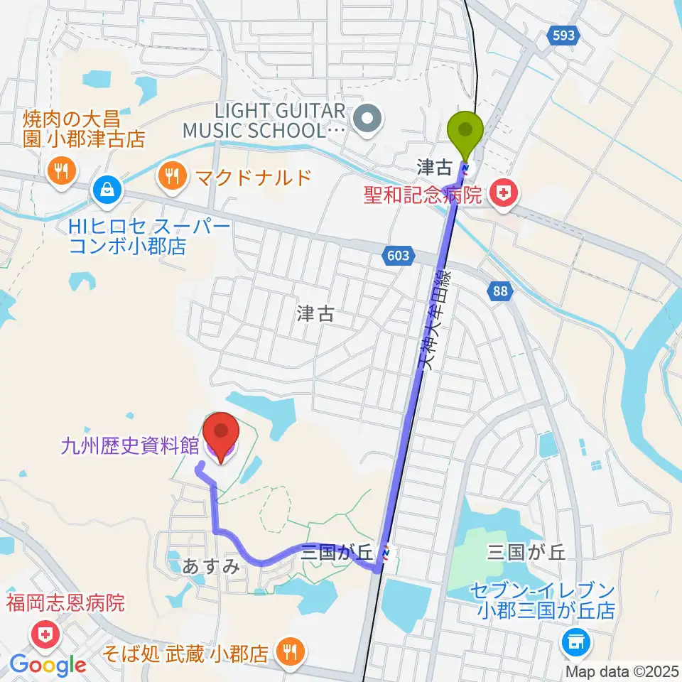 津古駅から九州歴史資料館へのルートマップ地図