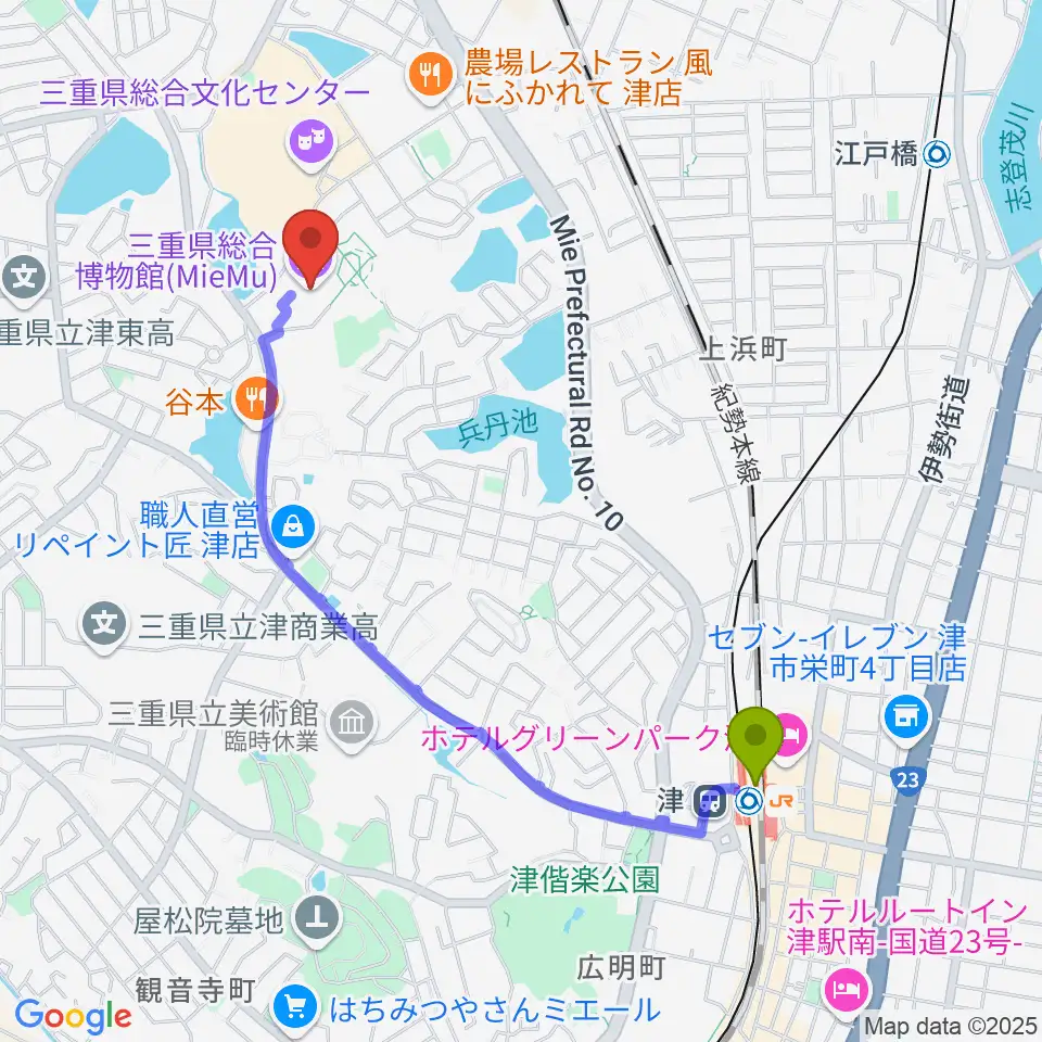 津駅から三重県総合博物館 MieMuへのルートマップ地図