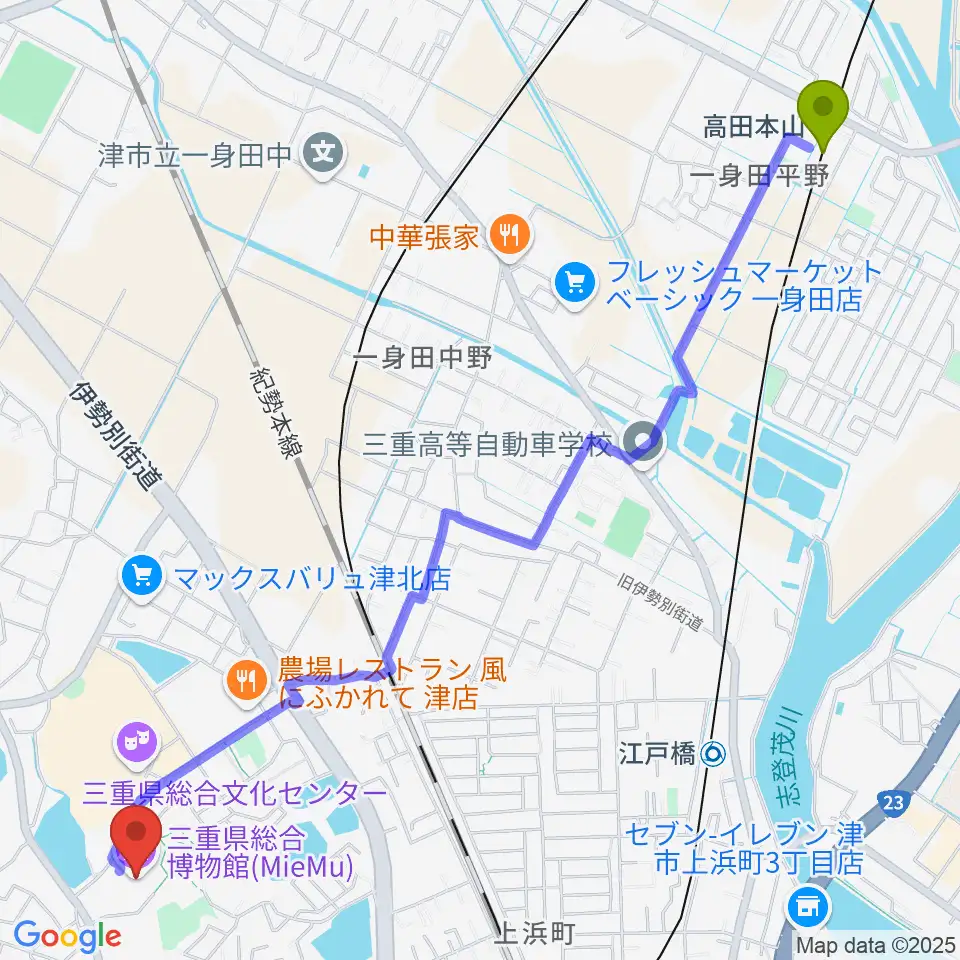 高田本山駅から三重県総合博物館 MieMuへのルートマップ地図