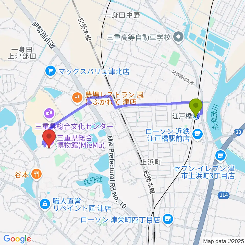 三重県総合博物館 MieMuの最寄駅江戸橋駅からの徒歩ルート（約19分）地図