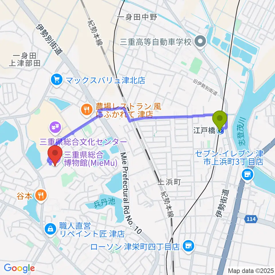 三重県総合博物館 MieMuの最寄駅江戸橋駅からの徒歩ルート（約19分）地図