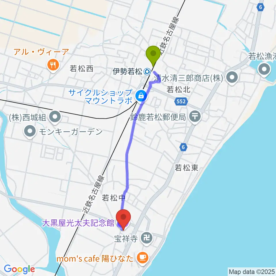 伊勢若松駅から大黒屋光太夫記念館へのルートマップ地図