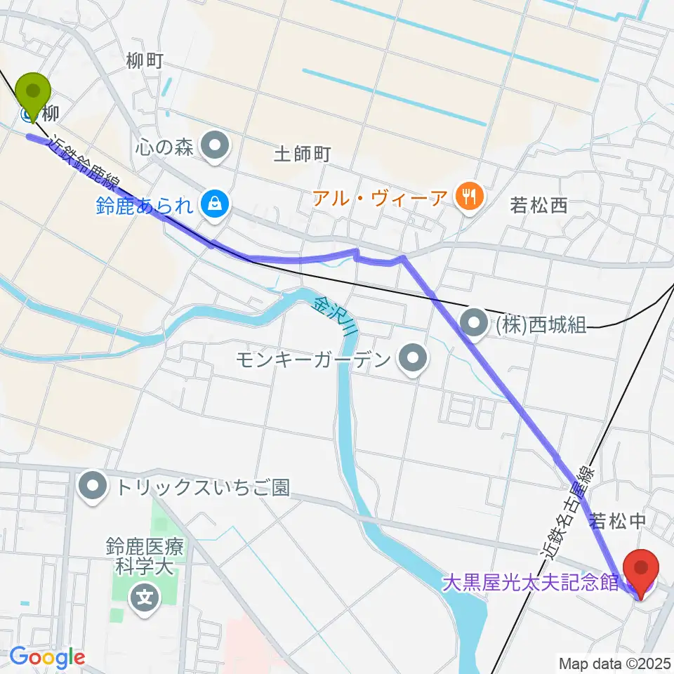 柳駅から大黒屋光太夫記念館へのルートマップ地図