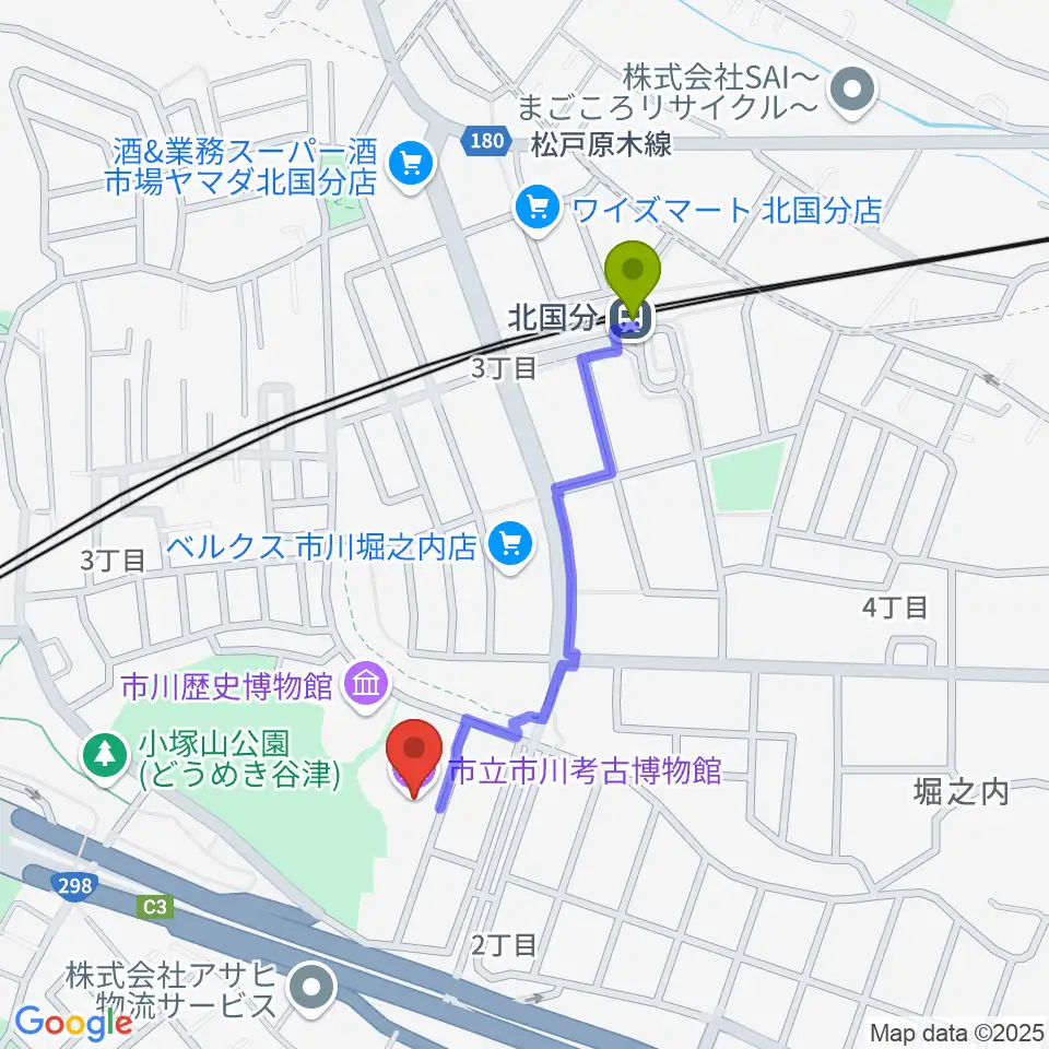 市立市川考古博物館の最寄駅北国分駅からの徒歩ルート（約8分）地図