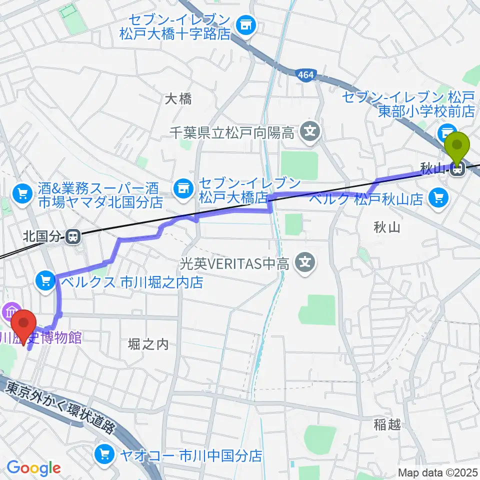 秋山駅から市立市川考古博物館へのルートマップ地図