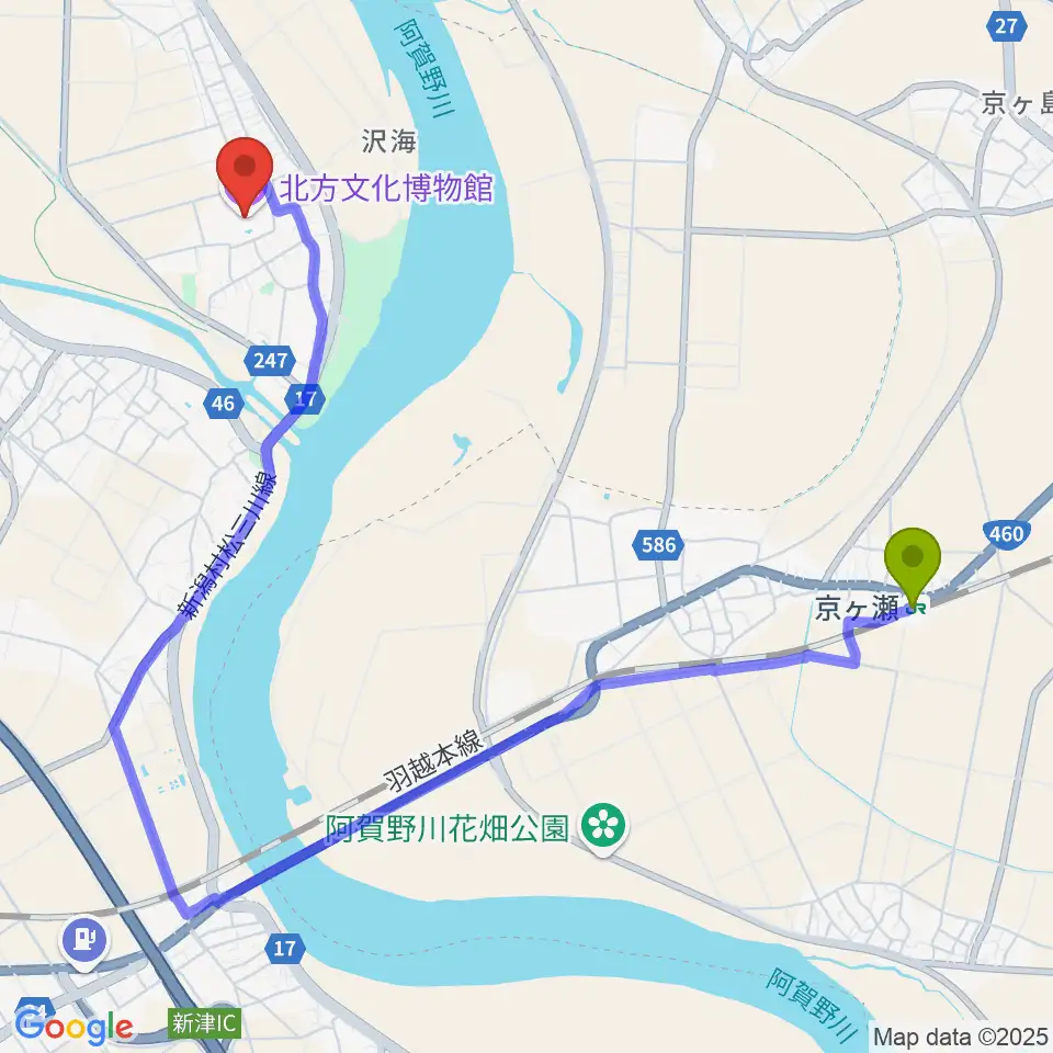 北方文化博物館の最寄駅京ケ瀬駅からの徒歩ルート（約44分）地図