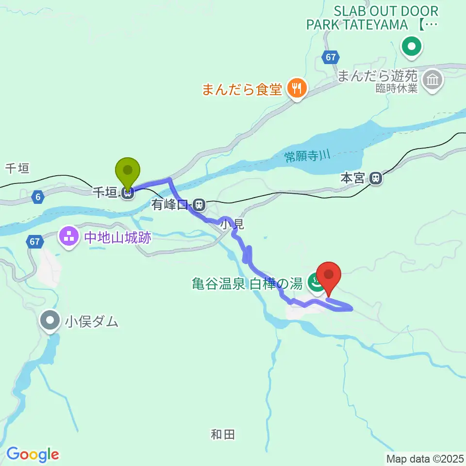 千垣駅から大山歴史民俗資料館へのルートマップ地図