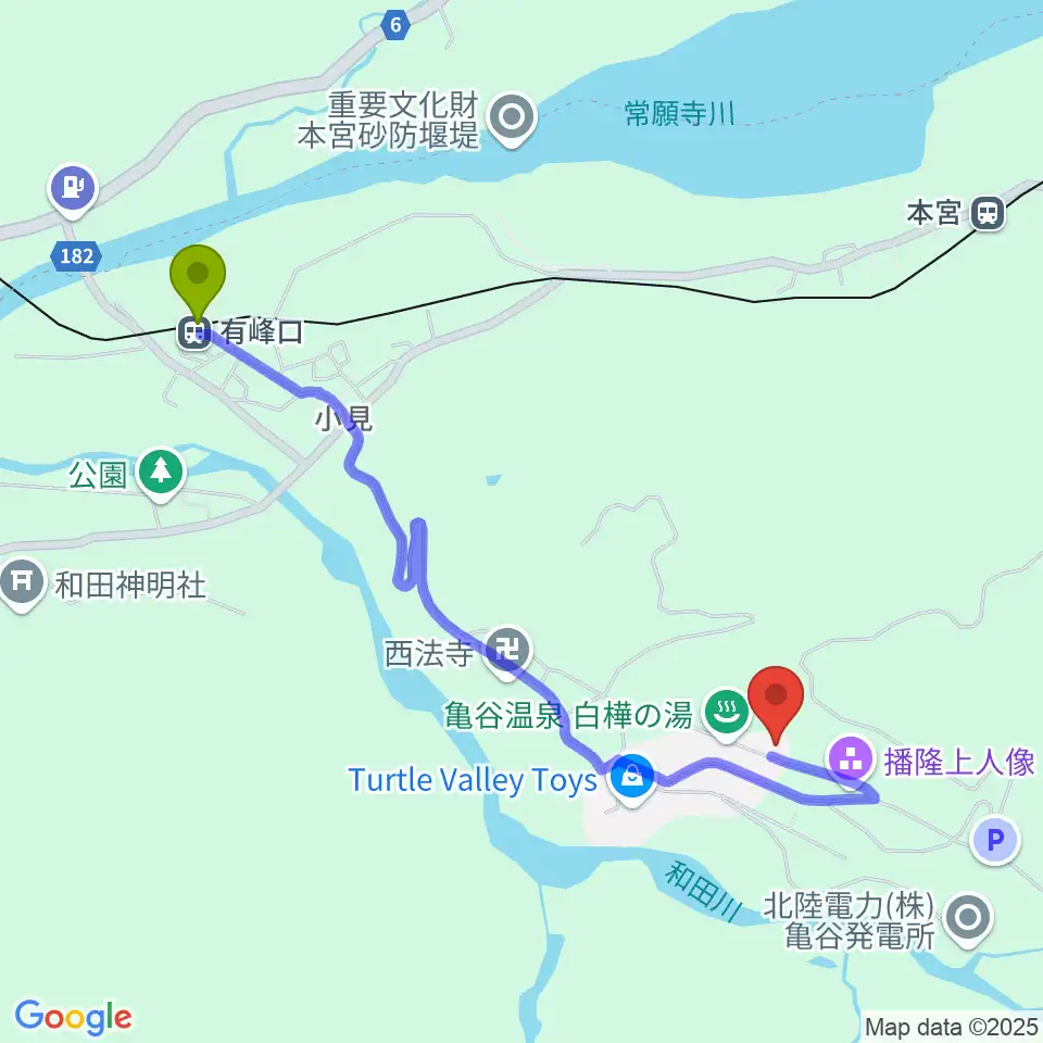 有峰口駅から大山歴史民俗資料館へのルートマップ地図