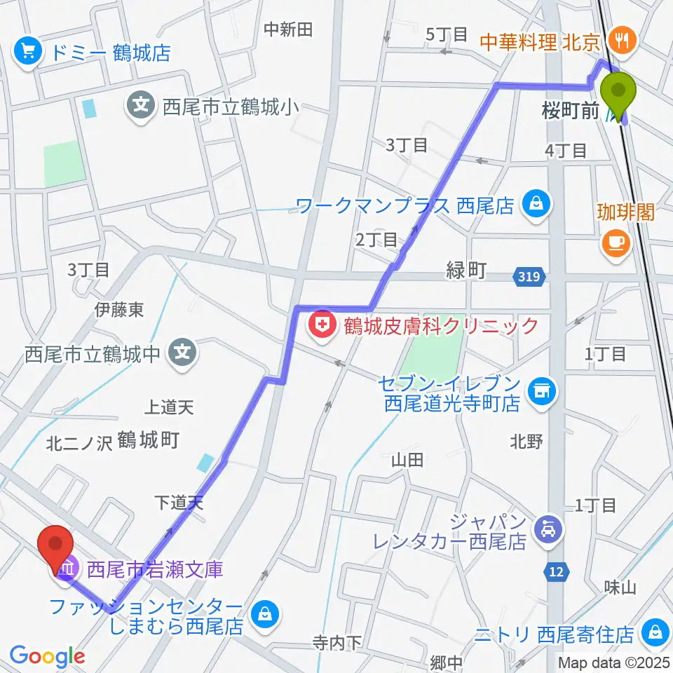 桜町前駅から西尾市岩瀬文庫へのルートマップ地図