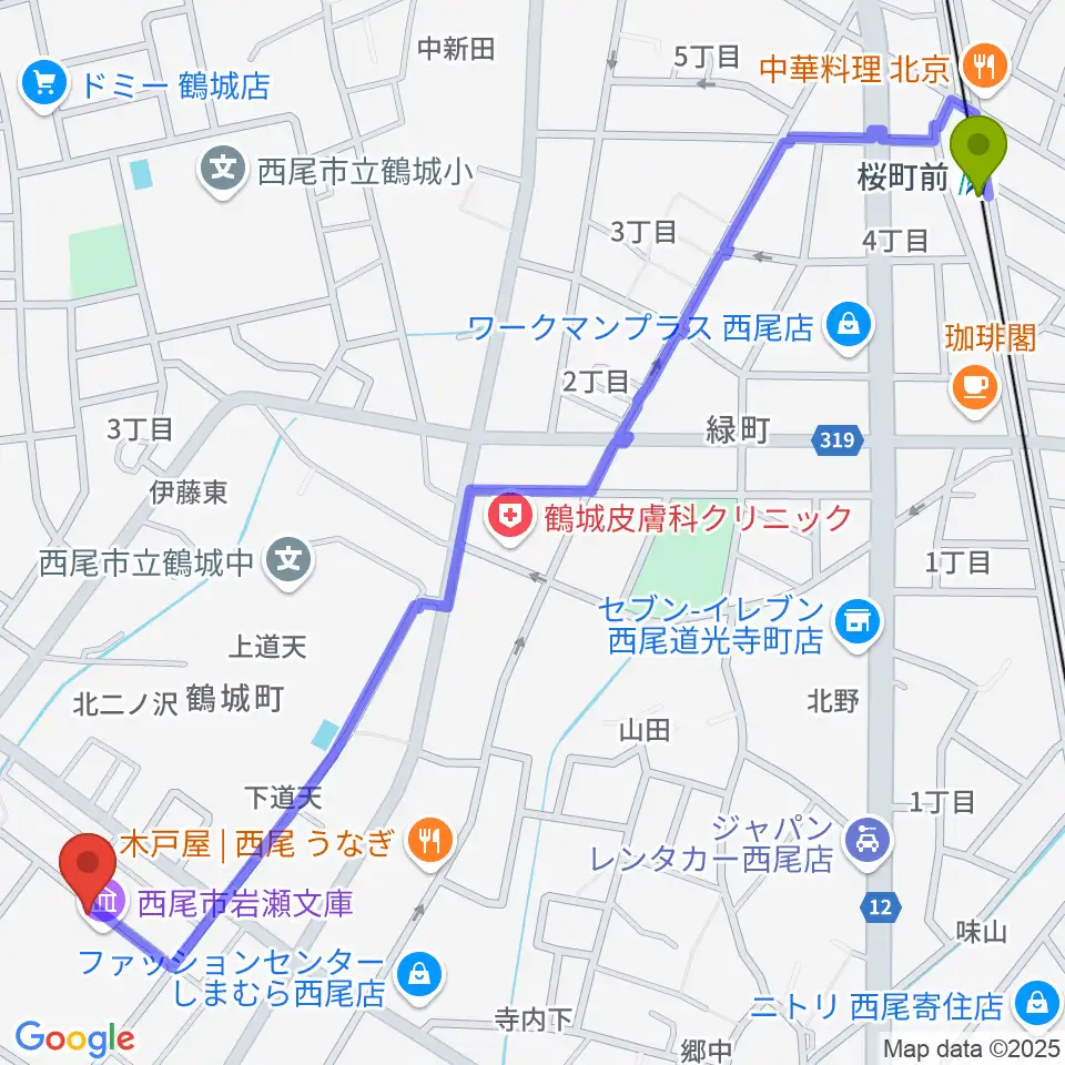 桜町前駅から西尾市岩瀬文庫へのルートマップ地図