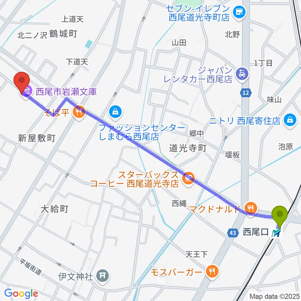 西尾市岩瀬文庫の最寄駅西尾口駅からの徒歩ルート（約15分）地図