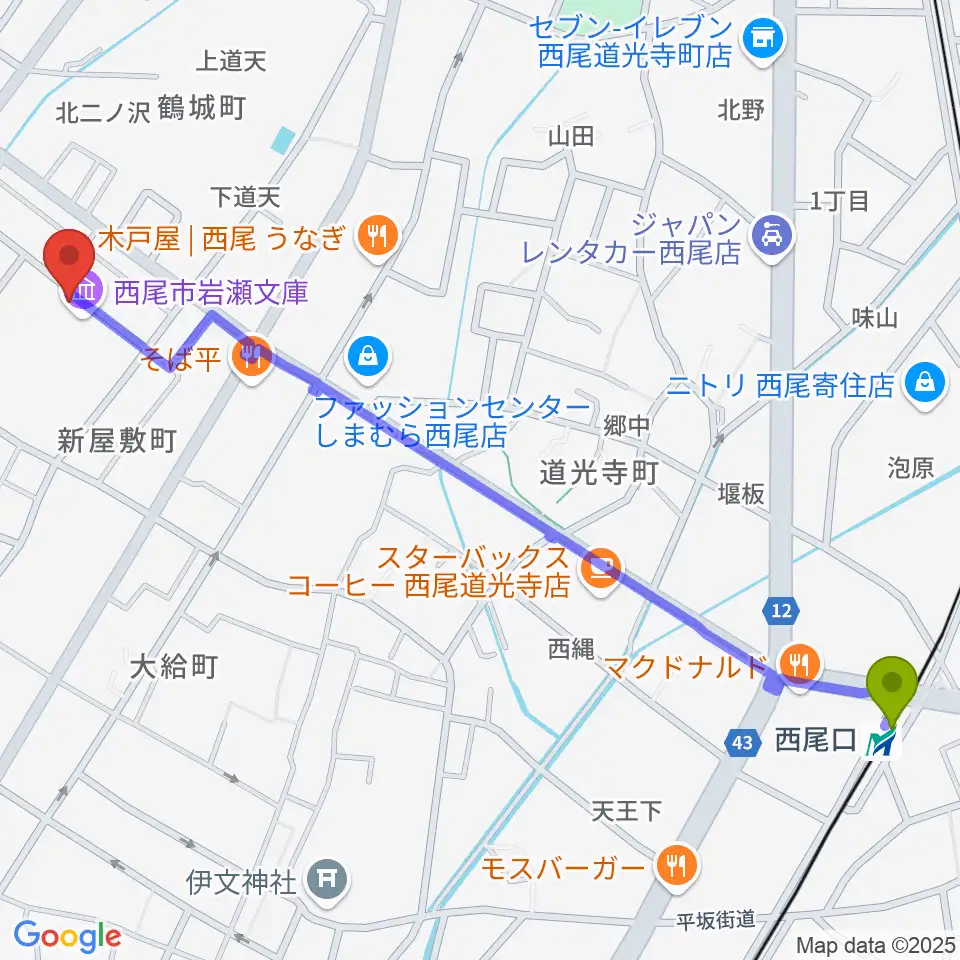 西尾市岩瀬文庫の最寄駅西尾口駅からの徒歩ルート（約15分）地図