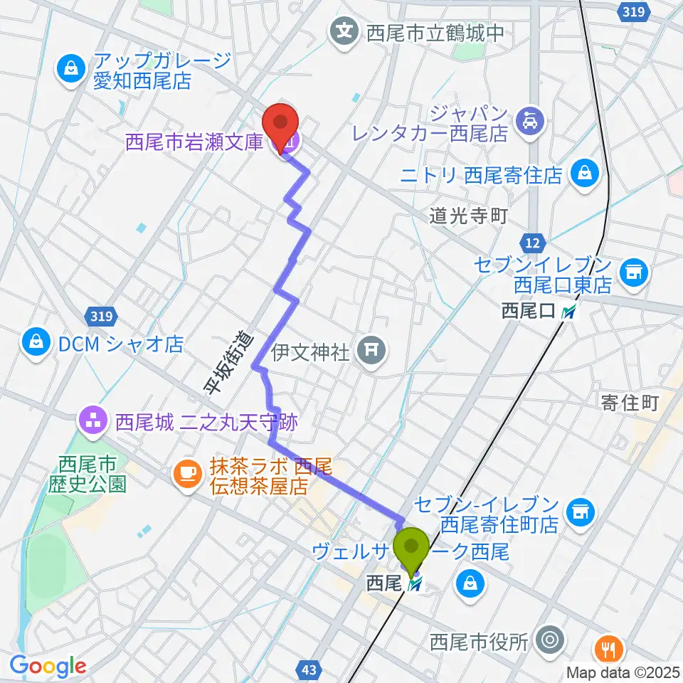 西尾駅から西尾市岩瀬文庫へのルートマップ地図