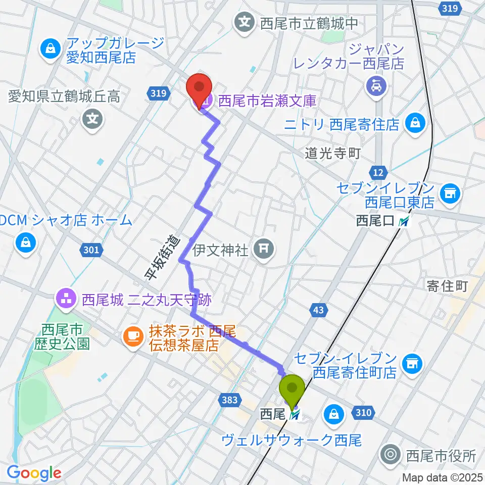 西尾駅から西尾市岩瀬文庫へのルートマップ地図