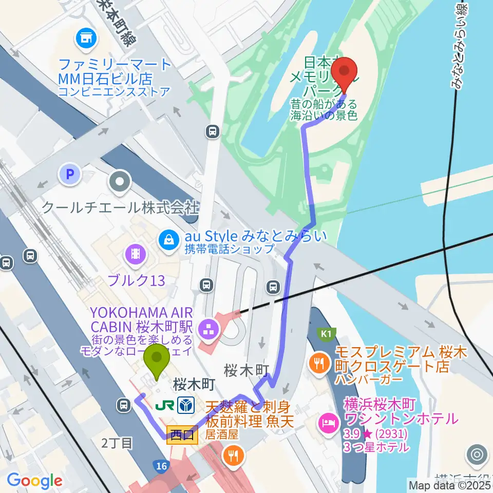 横浜みなと博物館の最寄駅桜木町駅からの徒歩ルート（約5分）地図