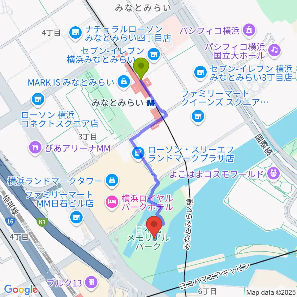 みなとみらい駅から横浜みなと博物館へのルートマップ地図