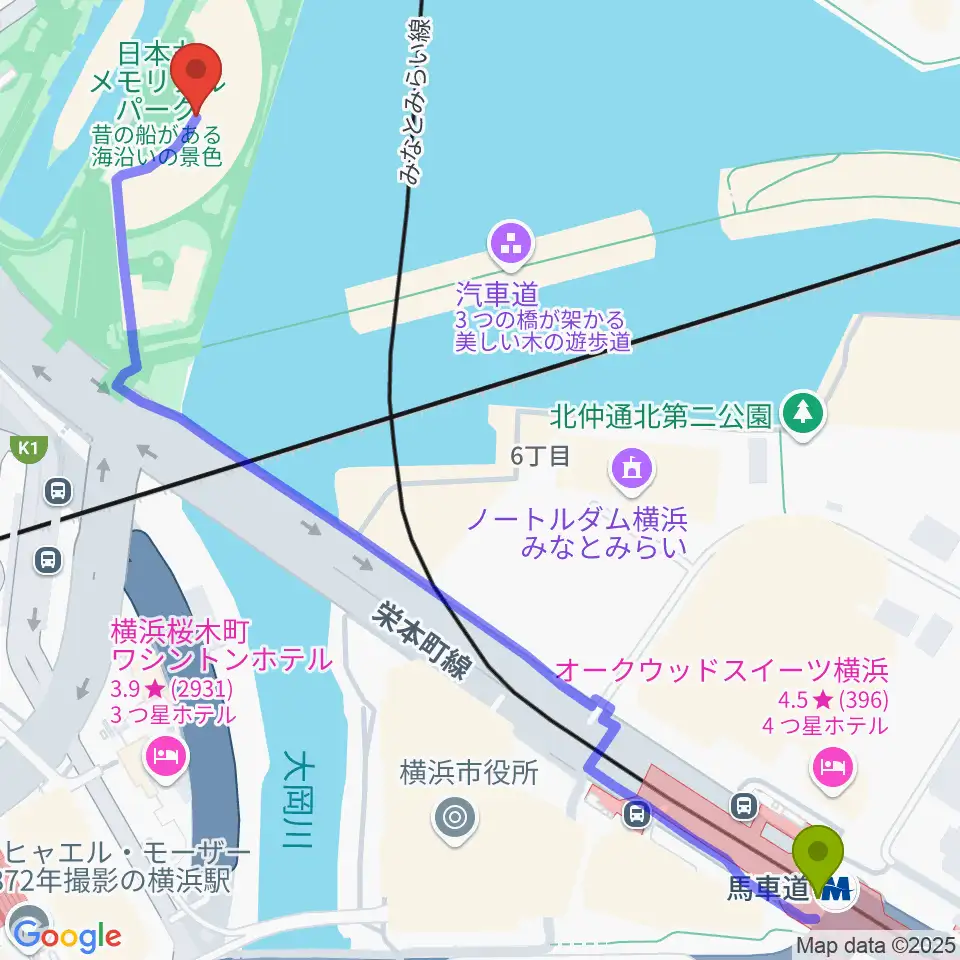 馬車道駅から横浜みなと博物館へのルートマップ地図