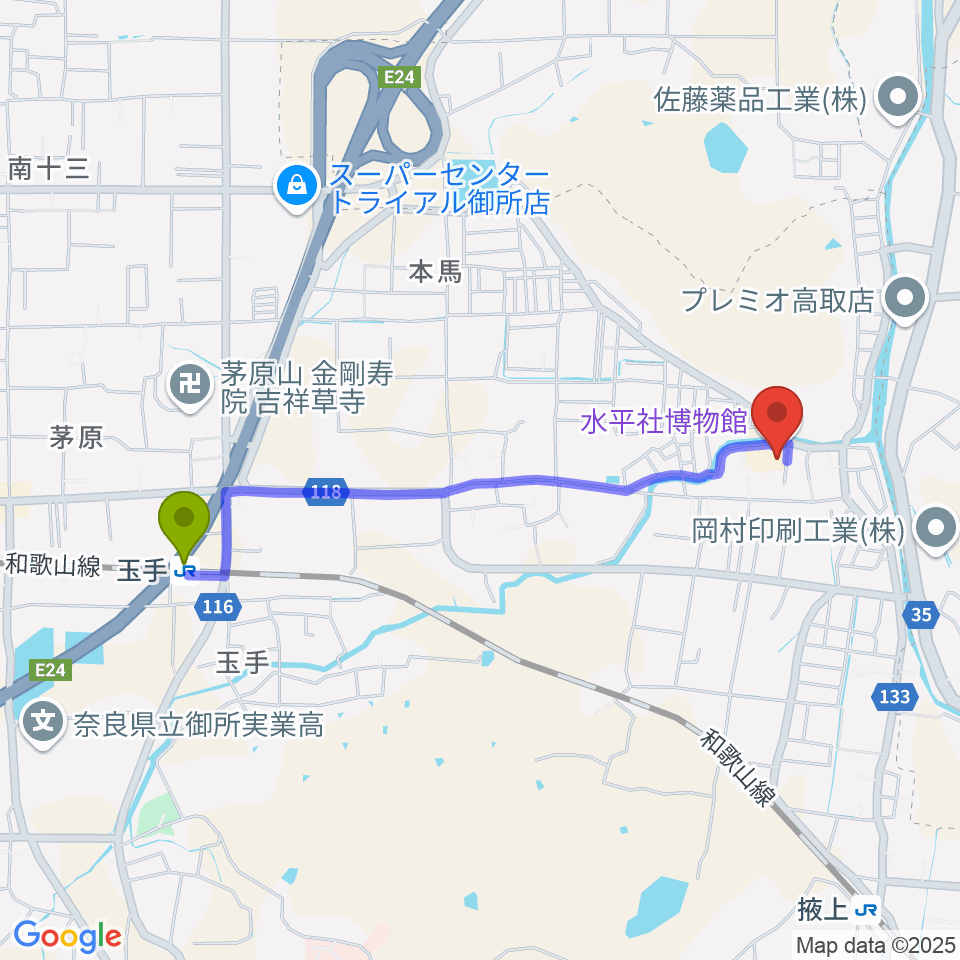 玉手駅から水平社博物館へのルートマップ地図