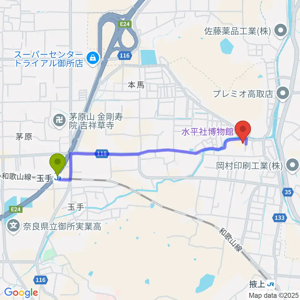 玉手駅から水平社博物館へのルートマップ地図
