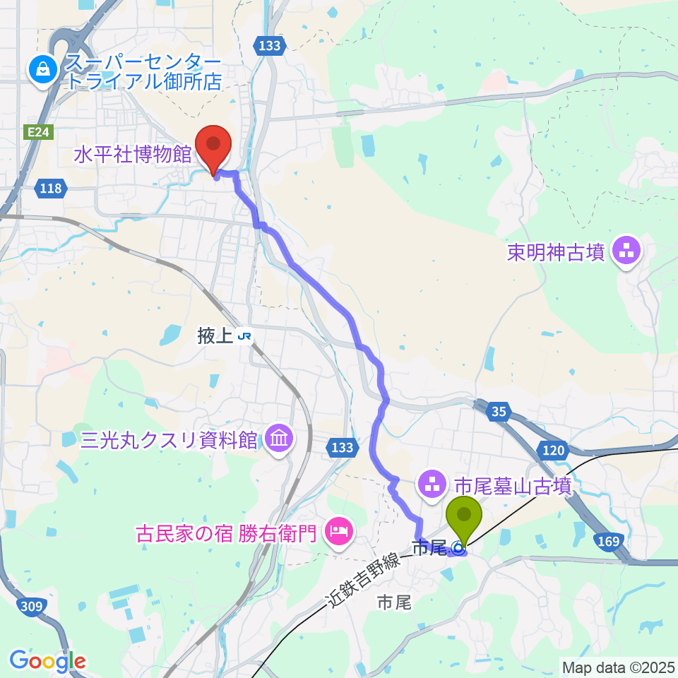 市尾駅から水平社博物館へのルートマップ地図