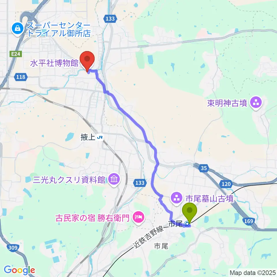 市尾駅から水平社博物館へのルートマップ地図