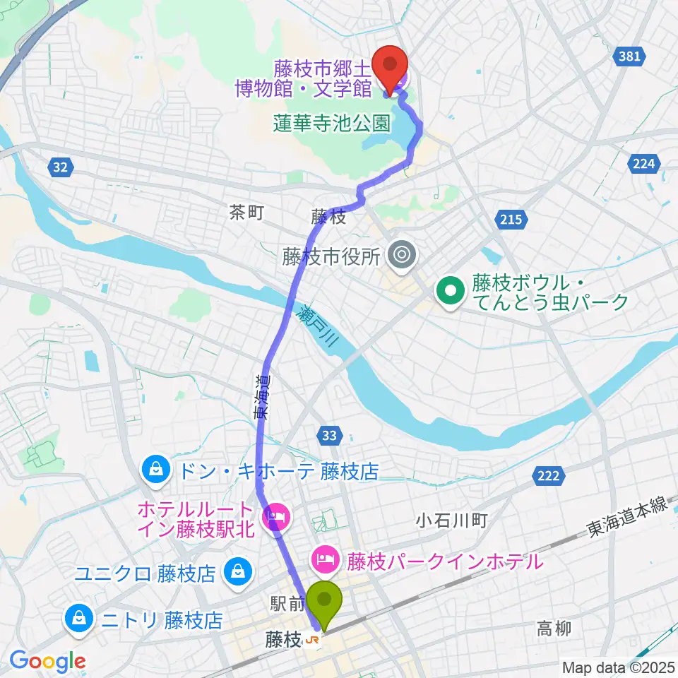 藤枝市郷土博物館・文学館の最寄駅藤枝駅からの徒歩ルート（約50分）地図