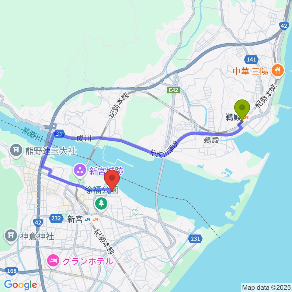 鵜殿駅から新宮市立歴史民俗資料館へのルートマップ地図