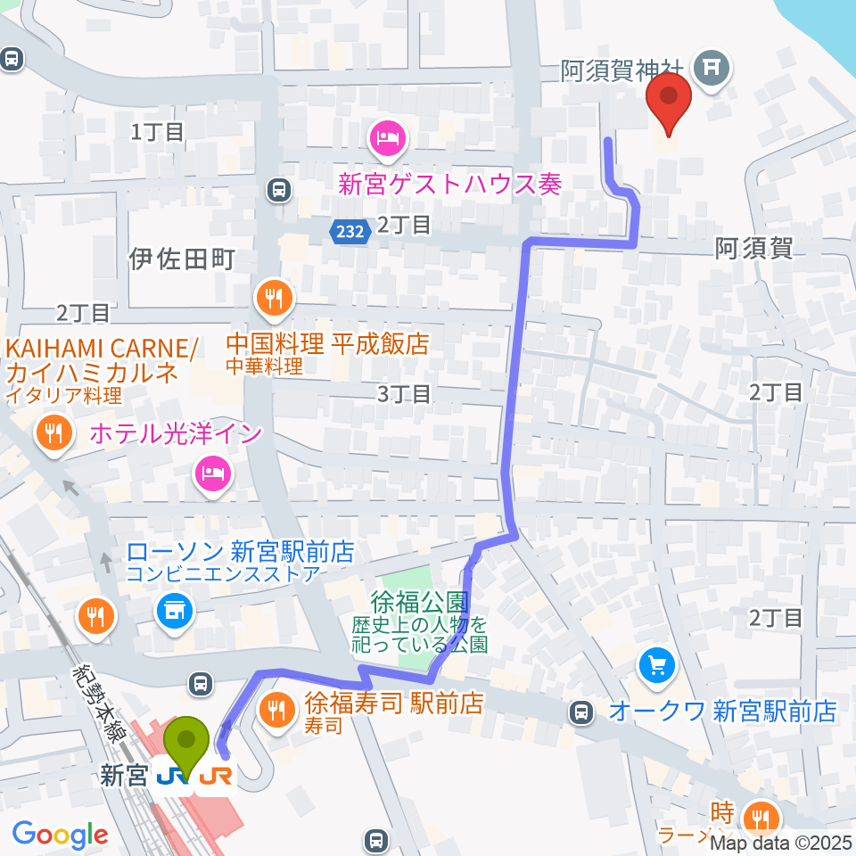 新宮市立歴史民俗資料館の最寄駅新宮駅からの徒歩ルート（約7分）地図