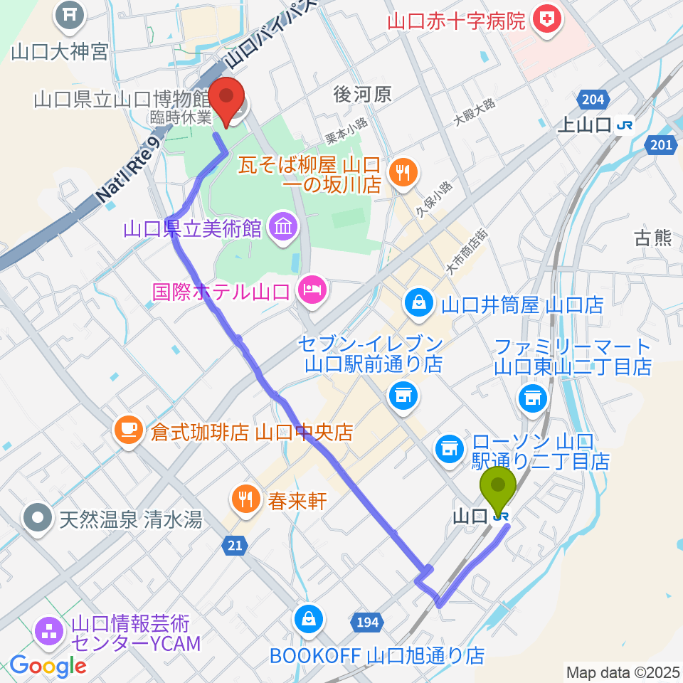 山口駅から山口県立山口博物館へのルートマップ地図