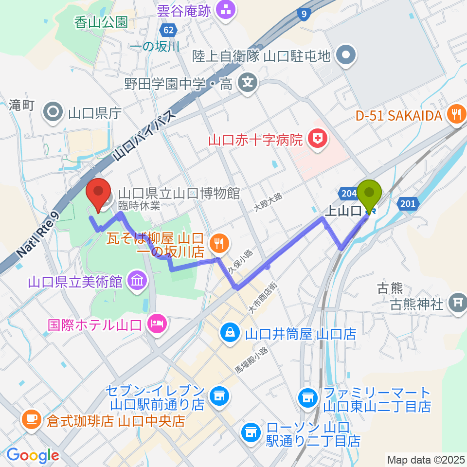 山口県立山口博物館の最寄駅上山口駅からの徒歩ルート（約18分）地図