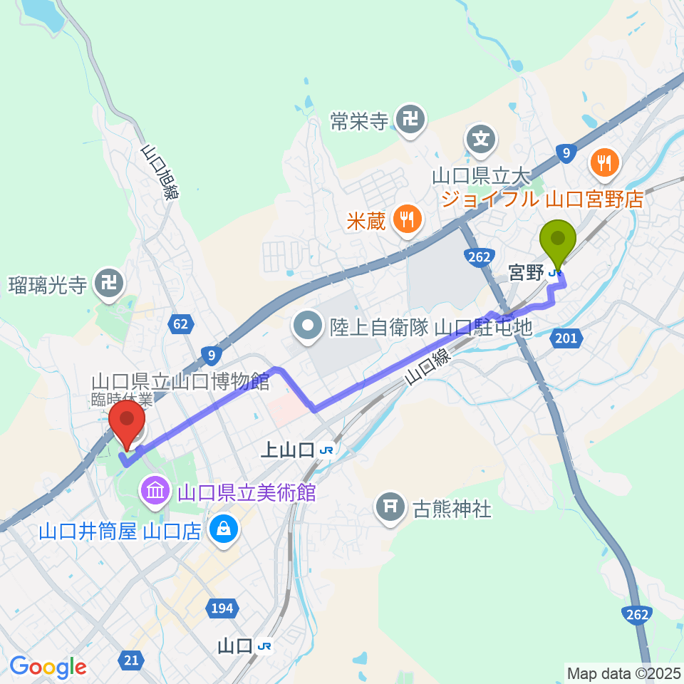 宮野駅から山口県立山口博物館へのルートマップ地図