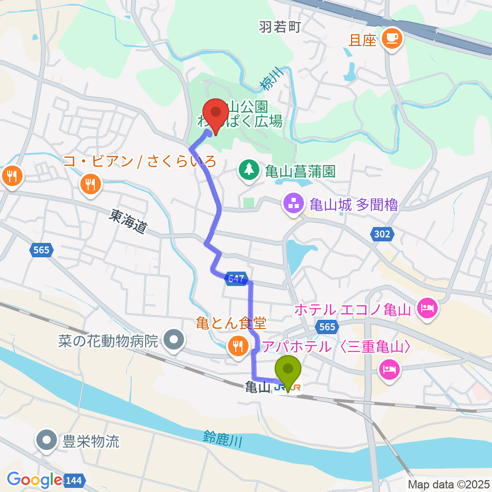 亀山市歴史博物館の最寄駅亀山駅からの徒歩ルート（約17分）地図