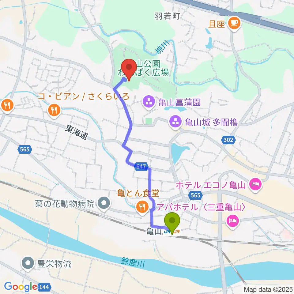 亀山市歴史博物館の最寄駅亀山駅からの徒歩ルート（約17分）地図
