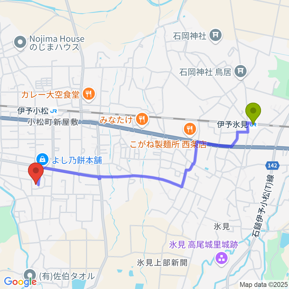 伊予氷見駅から西条市立小松温芳図書館・郷土資料室へのルートマップ地図