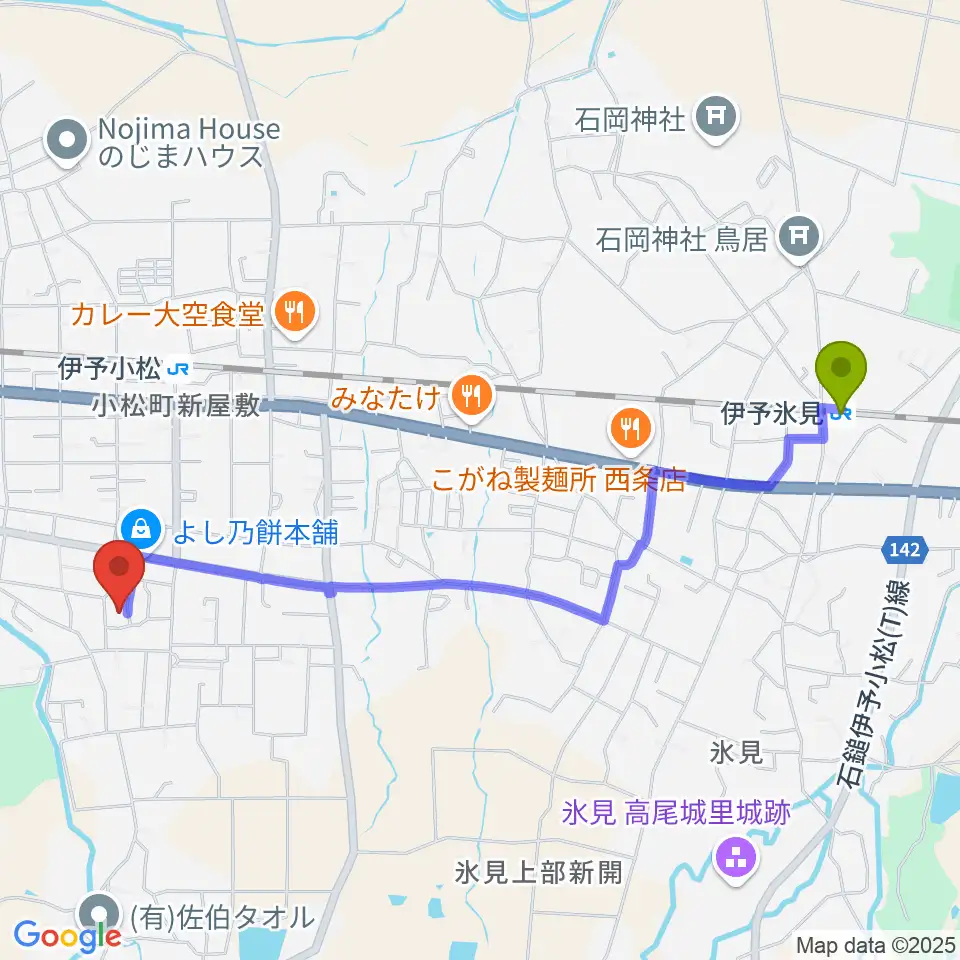 伊予氷見駅から西条市立小松温芳図書館・郷土資料室へのルートマップ地図