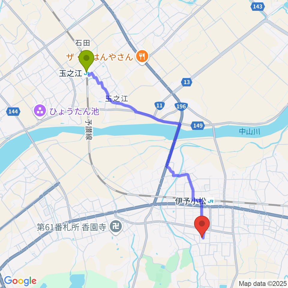 玉之江駅から西条市立小松温芳図書館・郷土資料室へのルートマップ地図