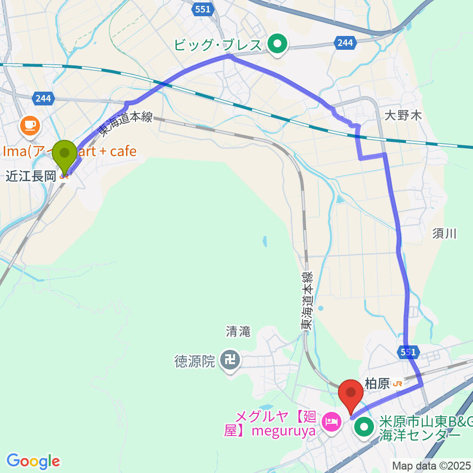 近江長岡駅から米原市柏原宿歴史館へのルートマップ地図