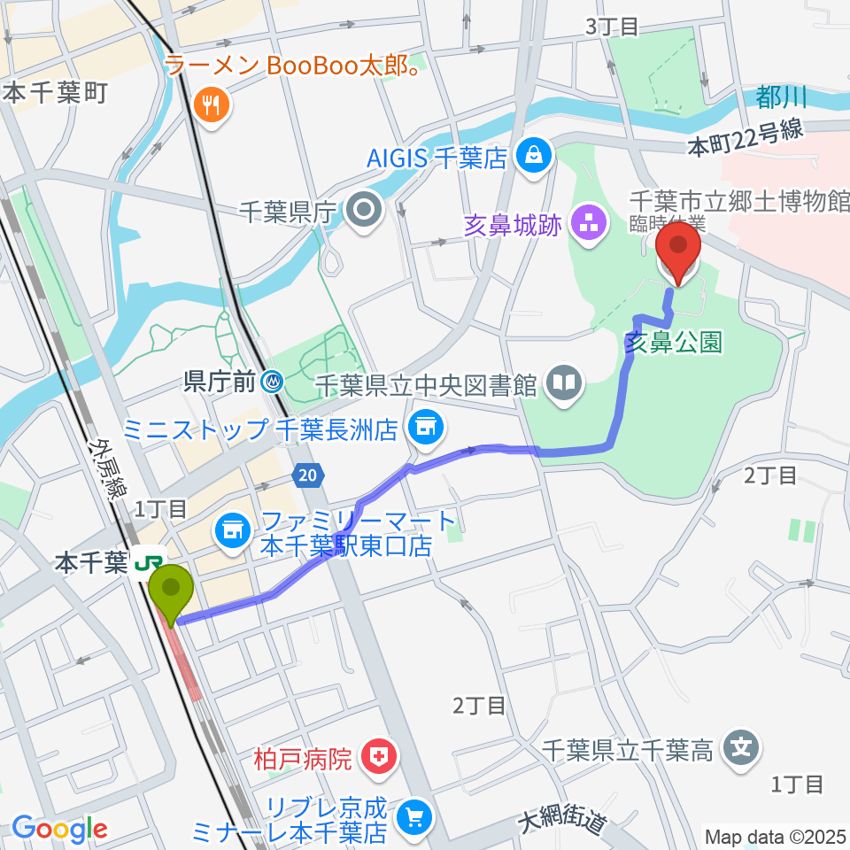 本千葉駅から千葉市立郷土博物館へのルートマップ地図