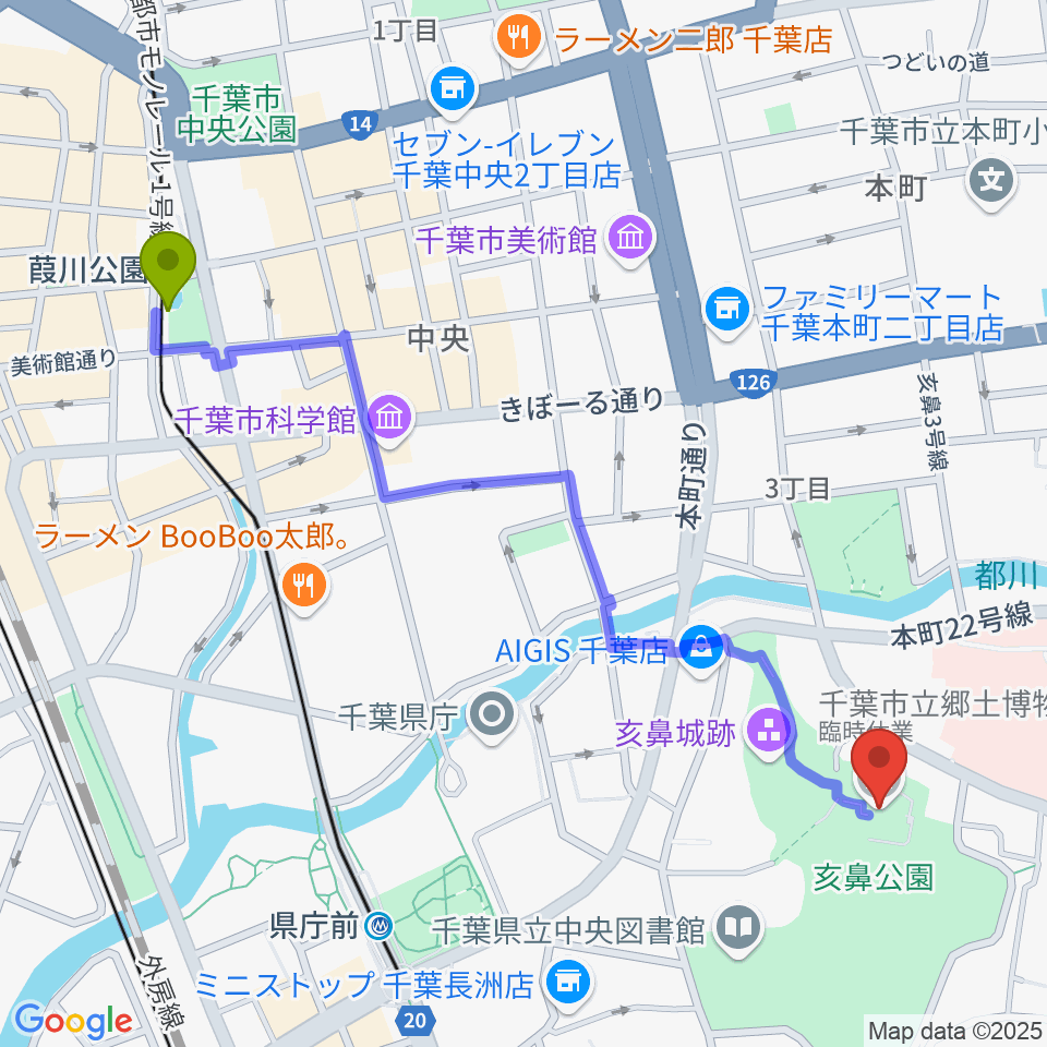 葭川公園駅から千葉市立郷土博物館へのルートマップ地図