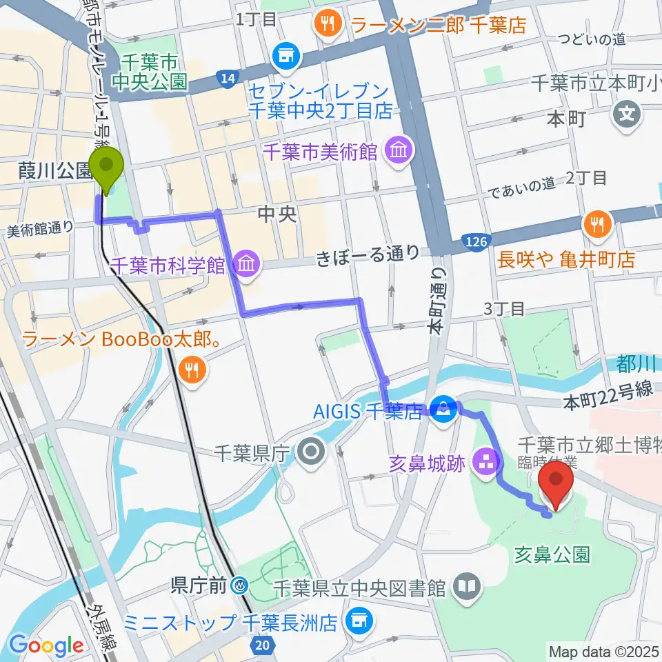 葭川公園駅から千葉市立郷土博物館へのルートマップ地図