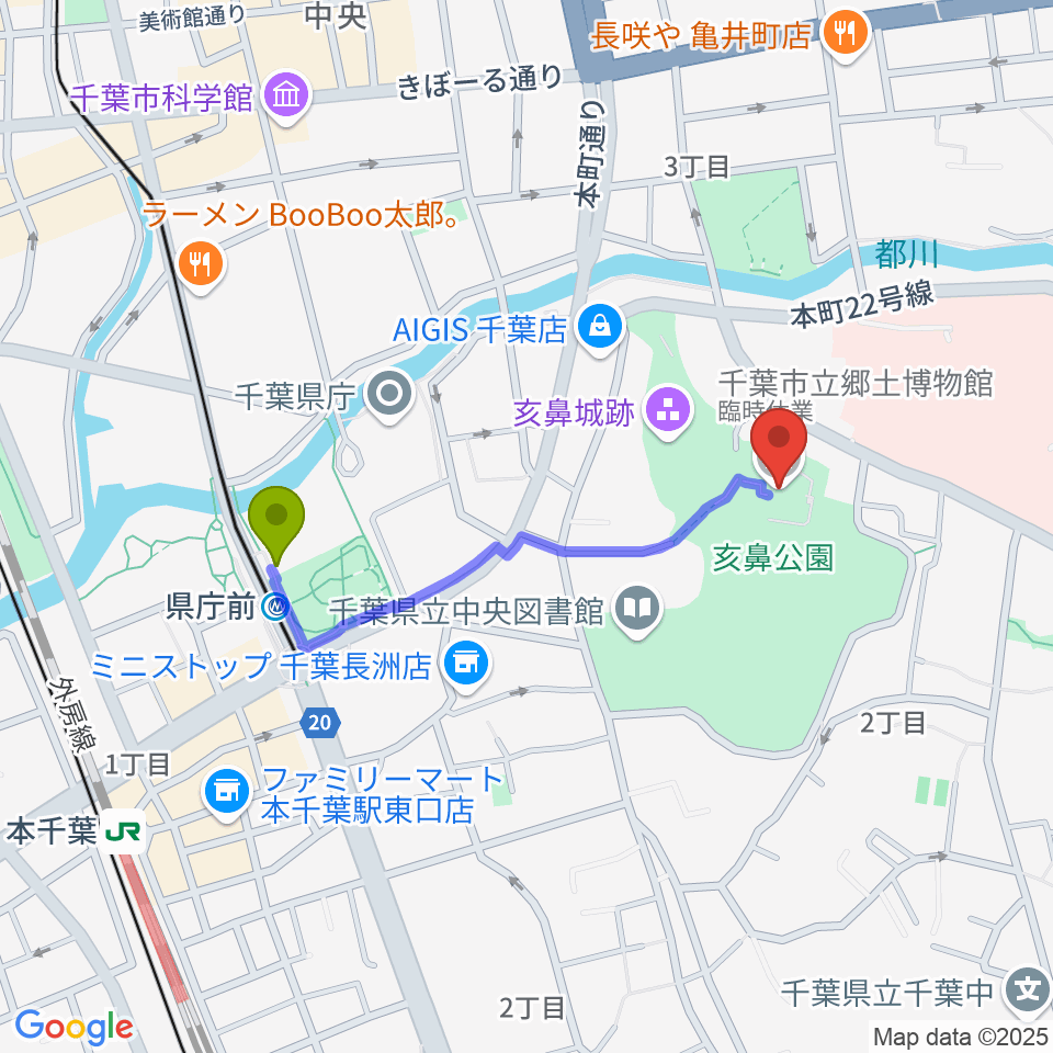 千葉市立郷土博物館の最寄駅県庁前駅からの徒歩ルート（約8分）地図