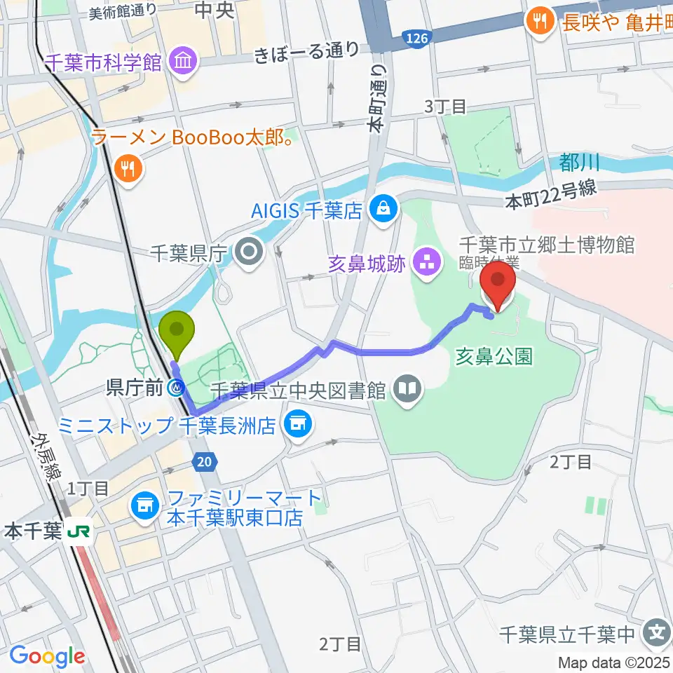 千葉市立郷土博物館の最寄駅県庁前駅からの徒歩ルート（約8分）地図