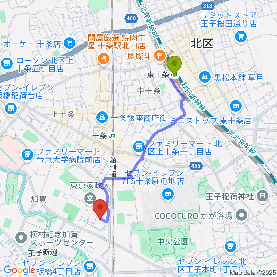 東十条駅から東京家政大学博物館へのルートマップ地図