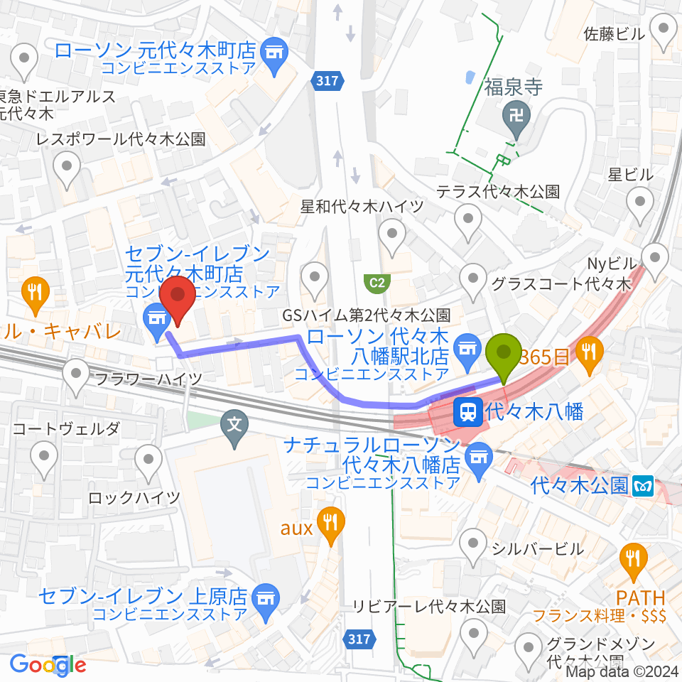 セオリスタジオの最寄駅代々木八幡駅からの徒歩ルート（約4分）地図