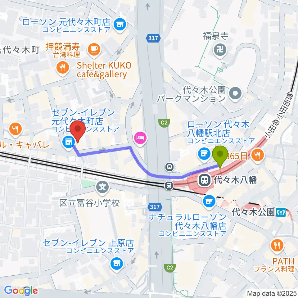 セオリスタジオの最寄駅代々木八幡駅からの徒歩ルート（約4分）地図