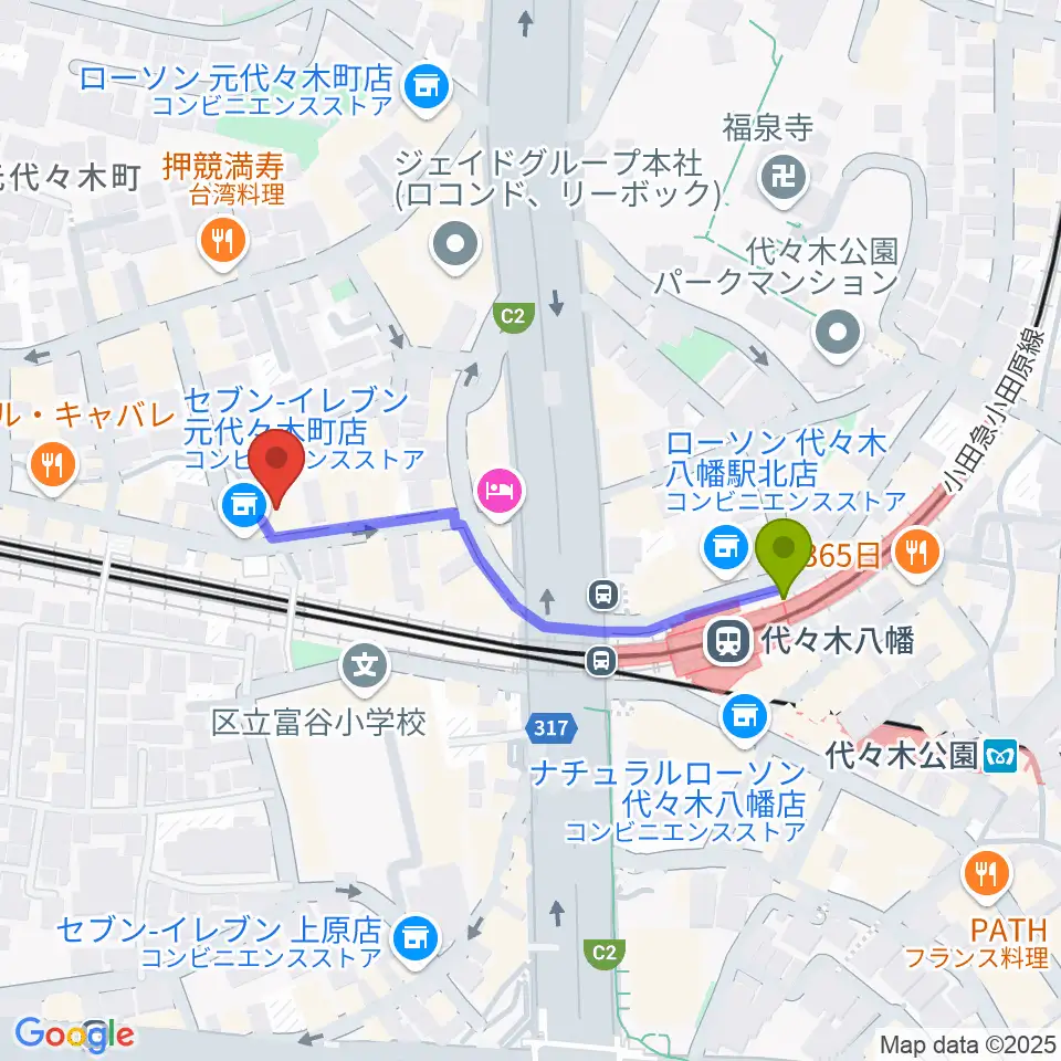 セオリスタジオの最寄駅代々木八幡駅からの徒歩ルート（約4分）地図