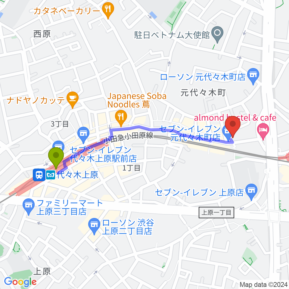 代々木上原駅からセオリスタジオへのルートマップ地図